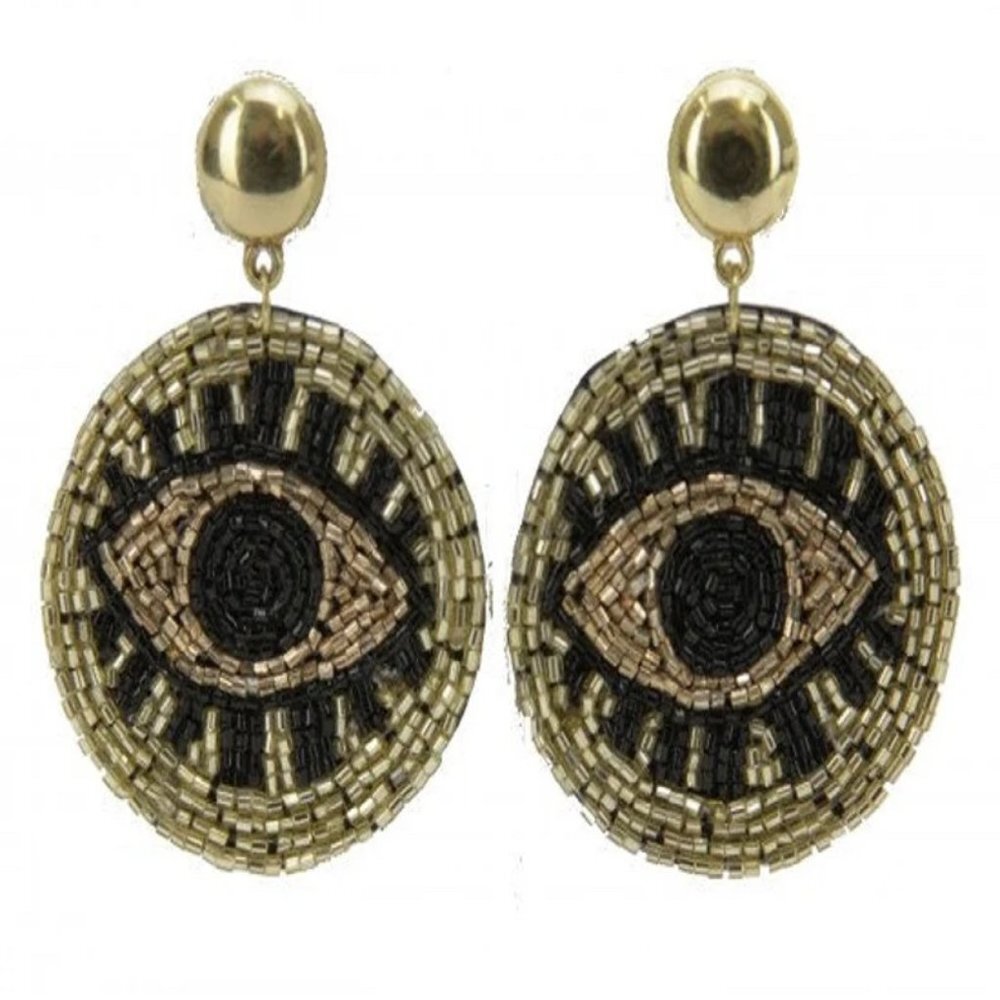 Black and Gold Seed Bead Evil Eye Post Earrings~Black and Gold Earrings
